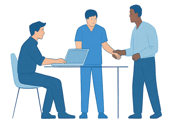 Illustration eines Teams, das gemeinsam am Laptop arbeitet